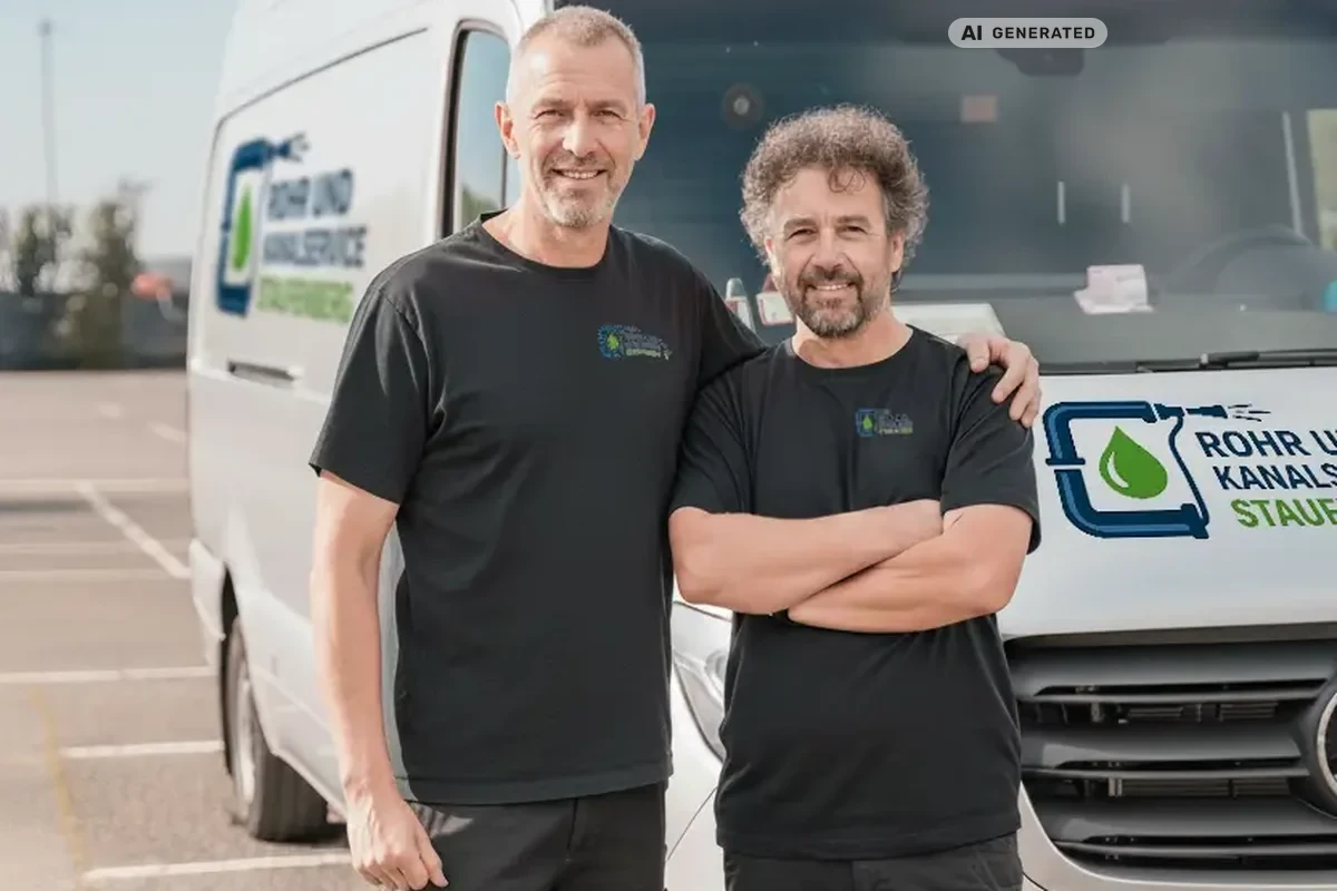 KI-generiertes Bild: Techniker der Rohr- und Kanalservice Staufenberg mit Werkzeug am Einsatzfahrzeug