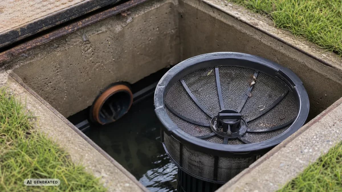 KI-generiertes Bild: Geöffnete Regenwasserzisterne im Garten mit sichtbarem Filtereinsatz und klarem Wasser – Wartungsarbeiten im Gange