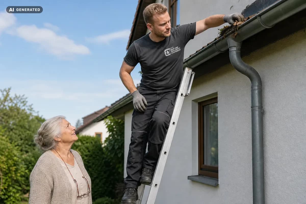 KI-generiertes Bild: Reinigung einer verstopften Dachrinne durch Rohr- und Kanalservice Staufenberg