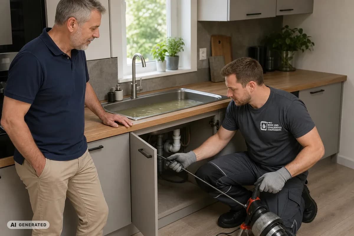 KI-generiertes Bild: Techniker von Rohr- und Kanalservice Staufenberg reinigt einen verstopften Küchenabfluss