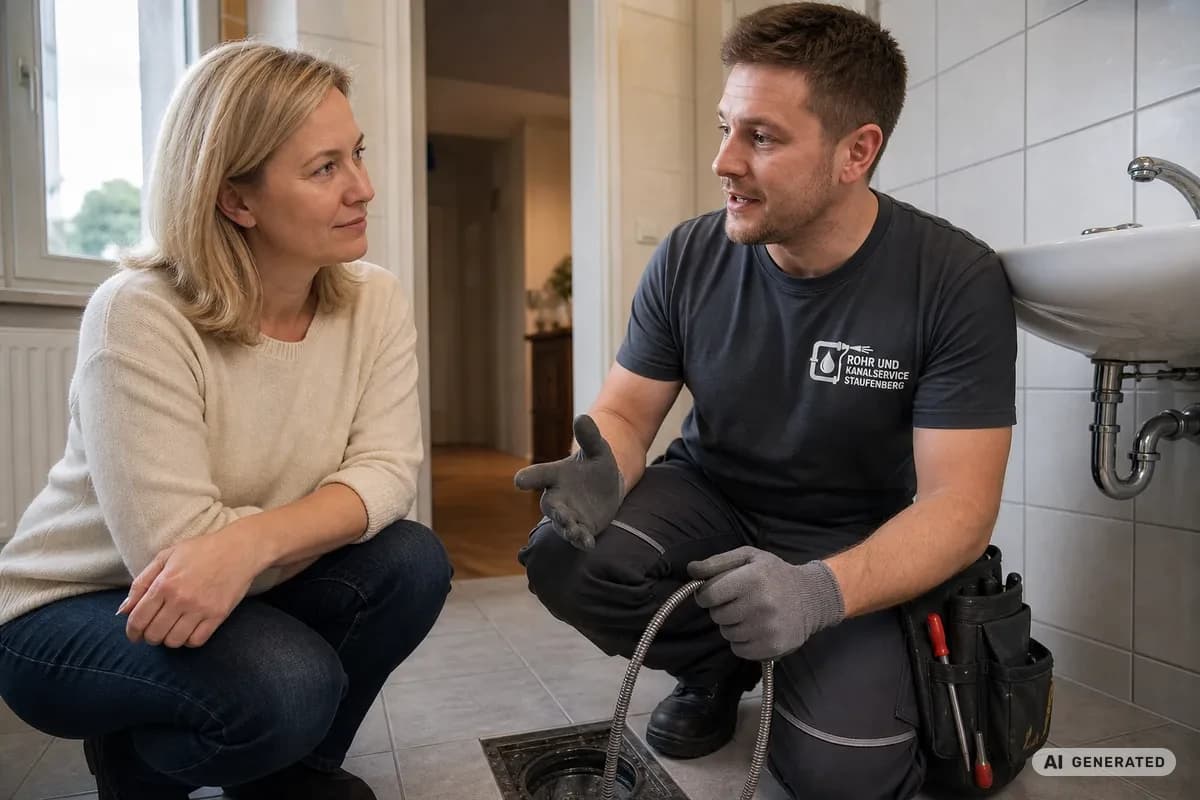 KI-generiertes Bild: Techniker von Rohr- und Kanalservice Staufenberg mit Hochdruck-Ausrüstung bei der Rohrreinigung